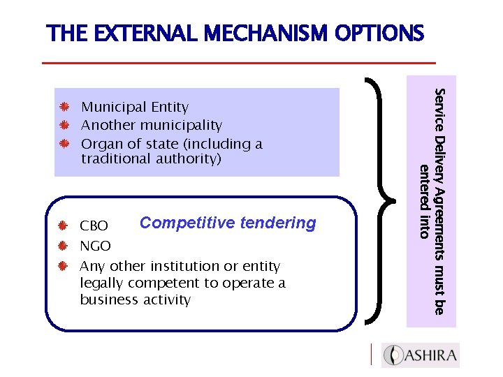 THE EXTERNAL MECHANISM OPTIONS Competitive tendering CBO NGO Any other institution or entity legally