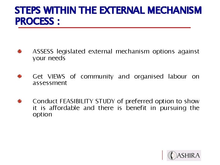 STEPS WITHIN THE EXTERNAL MECHANISM PROCESS : ASSESS legislated external mechanism options against your
