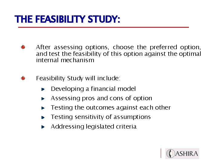 THE FEASIBILITY STUDY: After assessing options, choose the preferred option, and test the feasibility