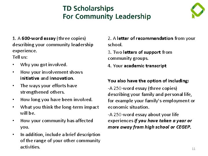 1. A 600 -word essay (three copies) describing your community leadership experience. Tell us: