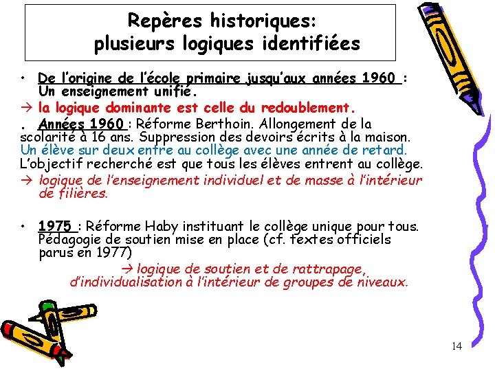 Repères historiques: plusieurs logiques identifiées • De l’origine de l’école primaire jusqu’aux années 1960