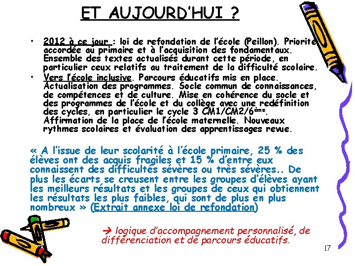 ET AUJOURD’HUI ? • • 2012 à ce jour : loi de refondation de
