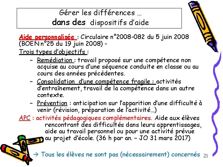 Gérer les différences … dans des dispositifs d’aide Aide personnalisée : Circulaire n° 2008