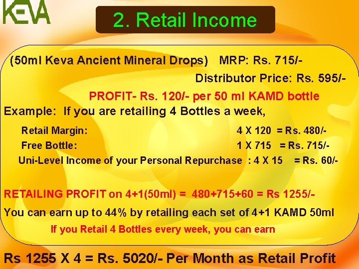 2. Retail Income (50 ml Keva Ancient Mineral Drops) MRP: Rs. 715/Distributor Price: Rs. 2. Retail Income (50 ml Keva Ancient Mineral Drops) MRP: Rs. 715/Distributor Price: Rs.