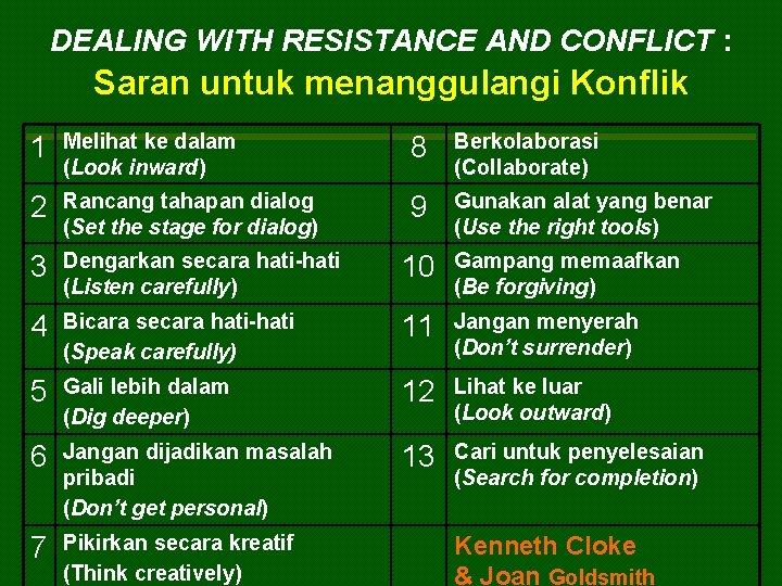 DEALING WITH RESISTANCE AND CONFLICT : Saran untuk menanggulangi Konflik 1 Melihat ke dalam