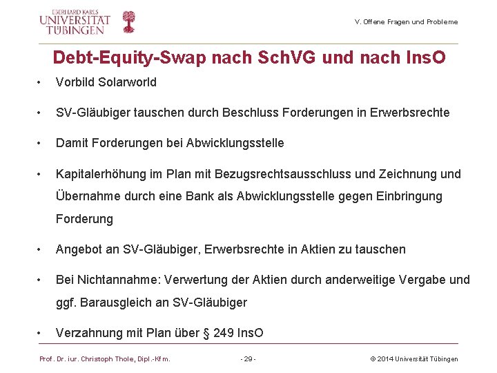 V. Offene Fragen und Probleme Debt-Equity-Swap nach Sch. VG und nach Ins. O •
