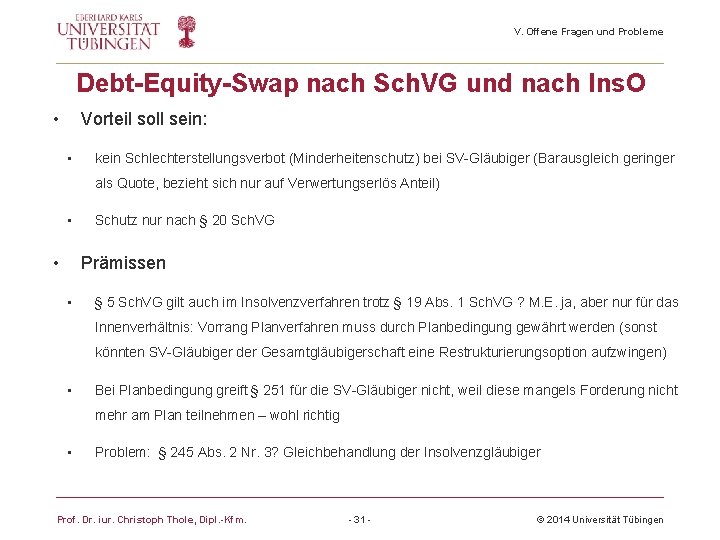 V. Offene Fragen und Probleme Debt-Equity-Swap nach Sch. VG und nach Ins. O •