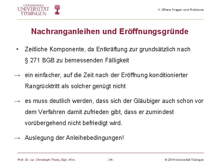 V. Offene Fragen und Probleme Nachranganleihen und Eröffnungsgründe • Zeitliche Komponente, da Entkräftung zur