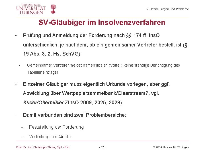 V. Offene Fragen und Probleme SV-Gläubiger im Insolvenzverfahren • Prüfung und Anmeldung der Forderung