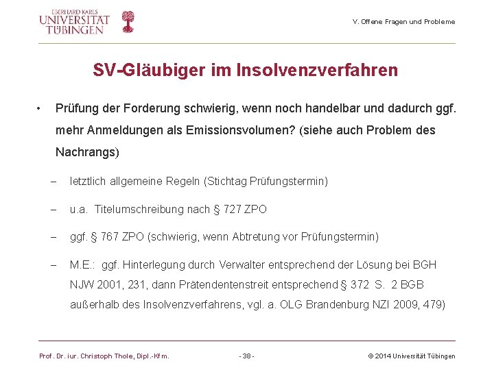 V. Offene Fragen und Probleme SV-Gläubiger im Insolvenzverfahren • Prüfung der Forderung schwierig, wenn