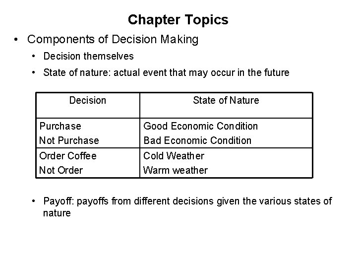 Chapter Topics • Components of Decision Making • Decision themselves • State of nature: