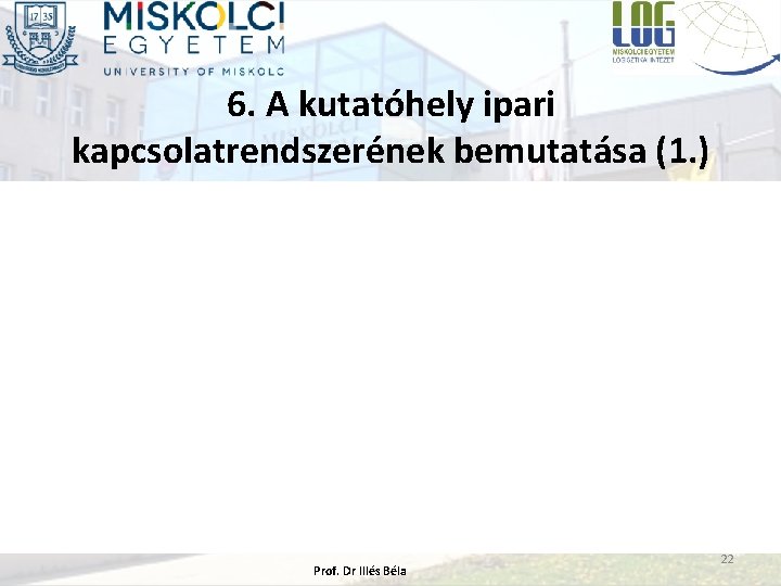 6. A kutatóhely ipari kapcsolatrendszerének bemutatása (1. ) Prof. Dr Illés Béla 22 