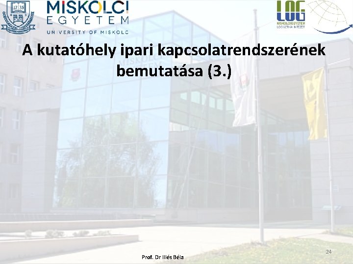 A kutatóhely ipari kapcsolatrendszerének bemutatása (3. ) Prof. Dr Illés Béla 24 