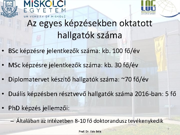 Az egyes képzésekben oktatott hallgatók száma • BSc képzésre jelentkezők száma: kb. 100 fő/év