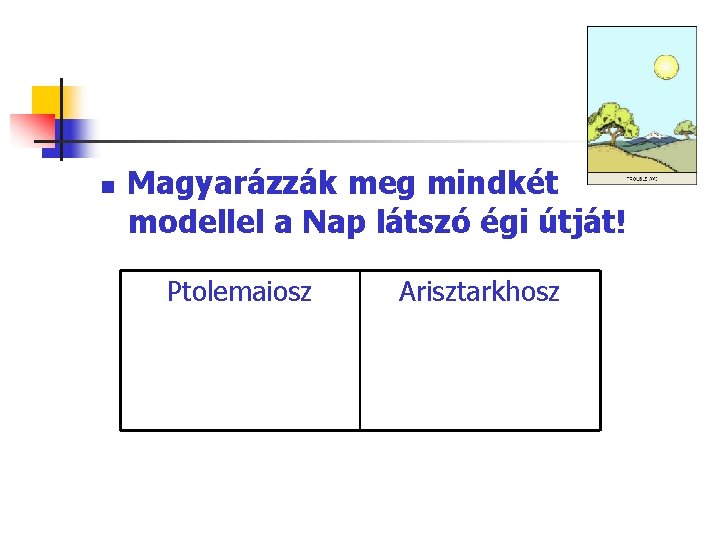 n Magyarázzák meg mindkét modellel a Nap látszó égi útját! Ptolemaiosz Arisztarkhosz 