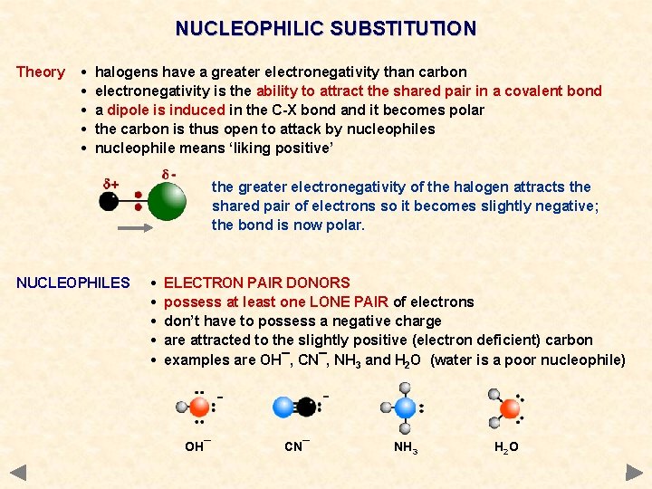 NUCLEOPHILIC SUBSTITUTION Theory • • • halogens have a greater electronegativity than carbon electronegativity