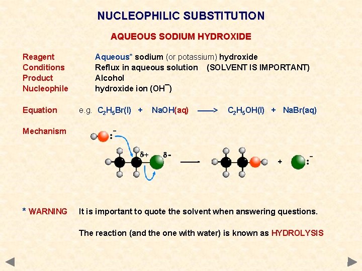 NUCLEOPHILIC SUBSTITUTION AQUEOUS SODIUM HYDROXIDE Reagent Conditions Product Nucleophile Equation Aqueous* sodium (or potassium)