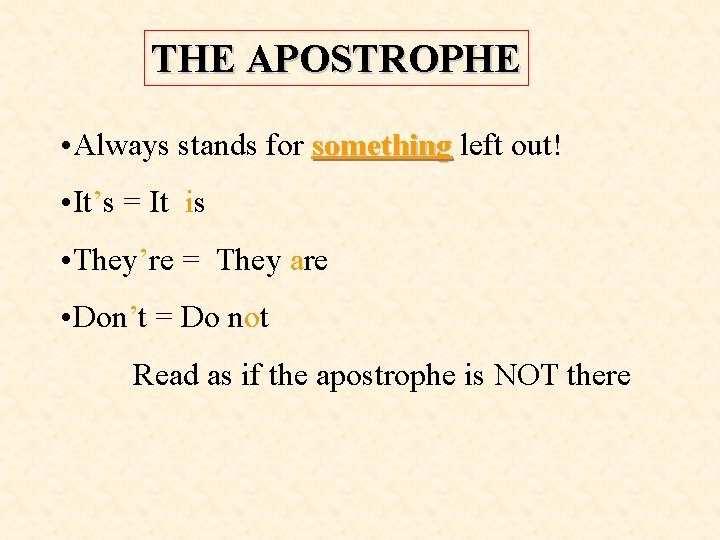 THE APOSTROPHE • Always stands for something left out! something • It’s = It