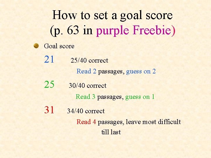 How to set a goal score (p. 63 in purple Freebie) Goal score 21