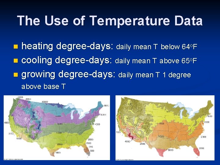 The Use of Temperature Data heating degree-days: daily mean T below 64 o. F