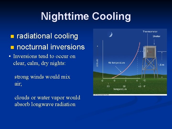 Nighttime Cooling radiational cooling n nocturnal inversions n • Inversions tend to occur on