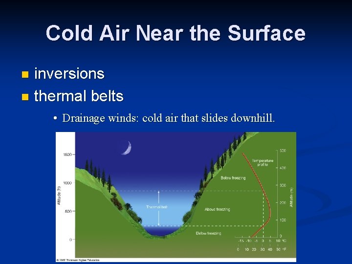 Cold Air Near the Surface inversions n thermal belts n • Drainage winds: cold