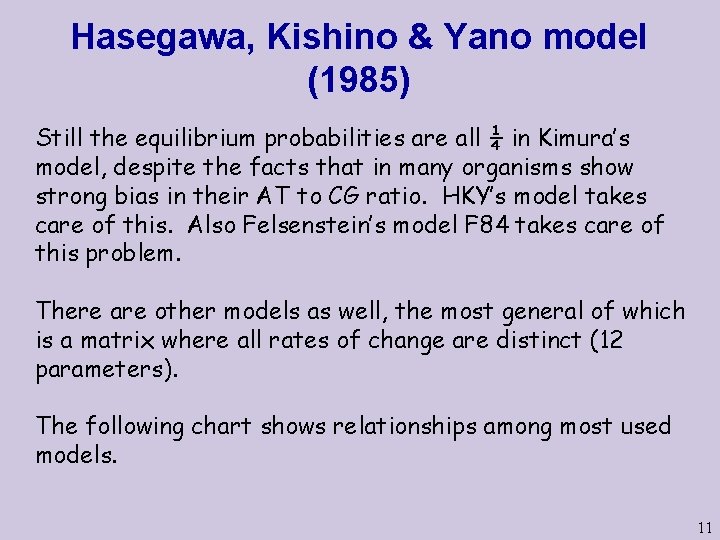 Hasegawa, Kishino & Yano model (1985) Still the equilibrium probabilities are all ¼ in