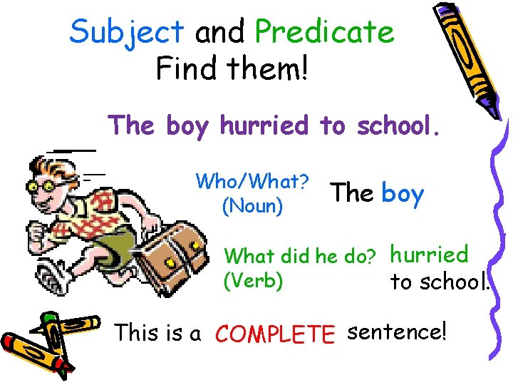 Subject and Predicate Find them! The boy hurried to school. Who/What? (Noun) The boy