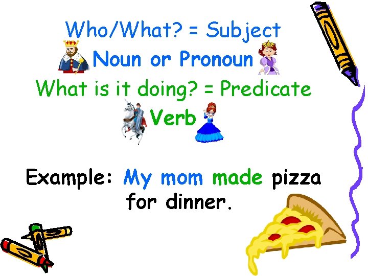 Who/What? = Subject Noun or Pronoun What is it doing? = Predicate Verb Example: