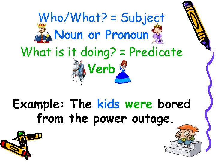 Who/What? = Subject Noun or Pronoun What is it doing? = Predicate Verb Example: