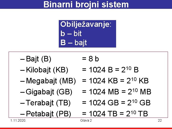 Binarni brojni sistem Obilježavanje: b – bit B – bajt – Bajt (B) –