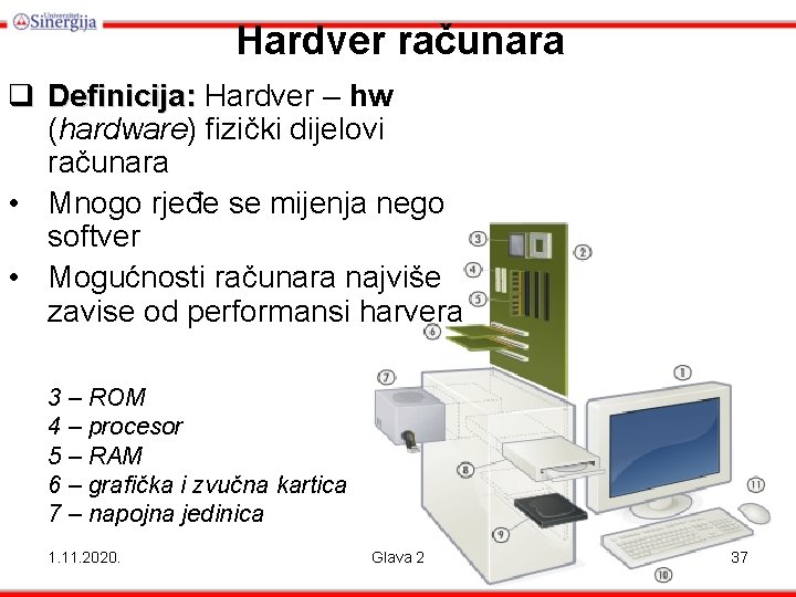 Hardver računara q Definicija: Hardver – hw (hardware) fizički dijelovi računara • Mnogo rjeđe