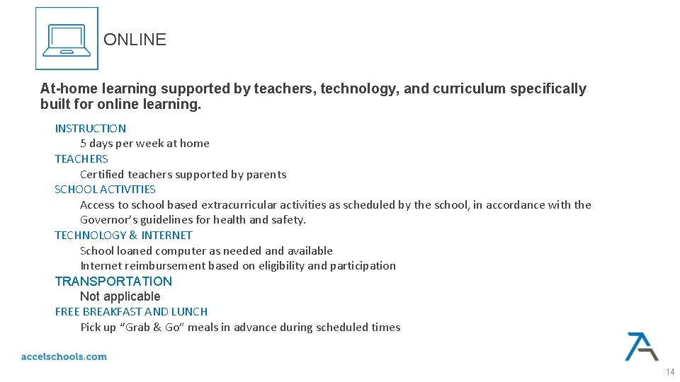 ONLINE At-home learning supported by teachers, technology, and curriculum speciﬁcally built for online learning.