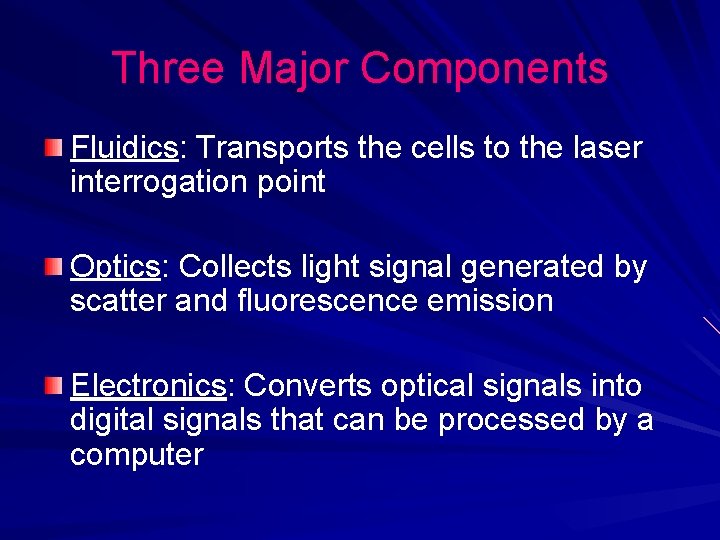 Three Major Components Fluidics: Transports the cells to the laser interrogation point Optics: Collects Three Major Components Fluidics: Transports the cells to the laser interrogation point Optics: Collects