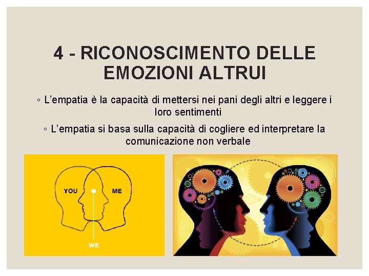 4 - RICONOSCIMENTO DELLE EMOZIONI ALTRUI ◦ L’empatia è la capacità di mettersi nei