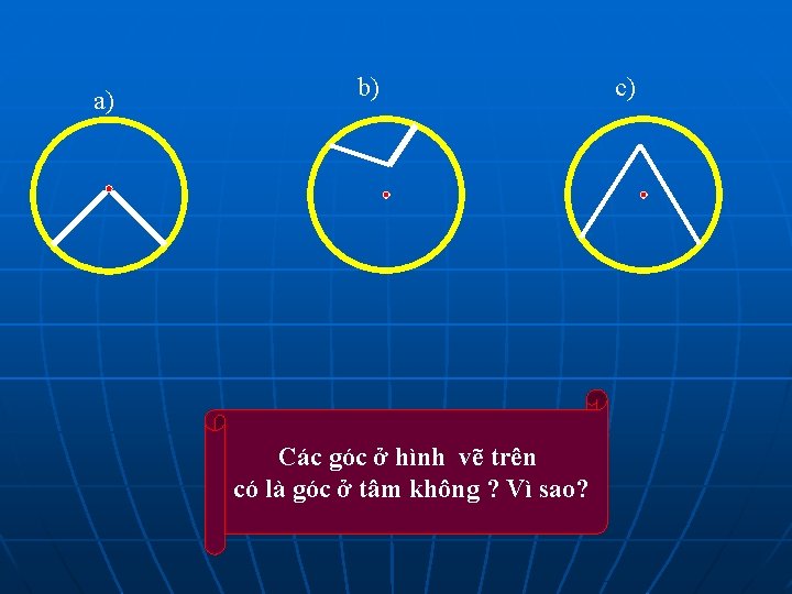 a) b) Các góc ở hình vẽ trên có là góc ở tâm không