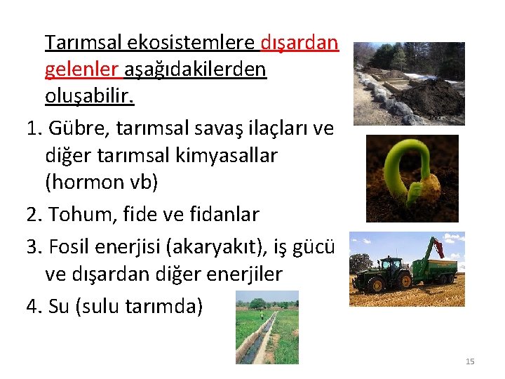 Tarımsal ekosistemlere dışardan gelenler aşağıdakilerden oluşabilir. 1. Gübre, tarımsal savaş ilaçları ve diğer tarımsal Tarımsal ekosistemlere dışardan gelenler aşağıdakilerden oluşabilir. 1. Gübre, tarımsal savaş ilaçları ve diğer tarımsal
