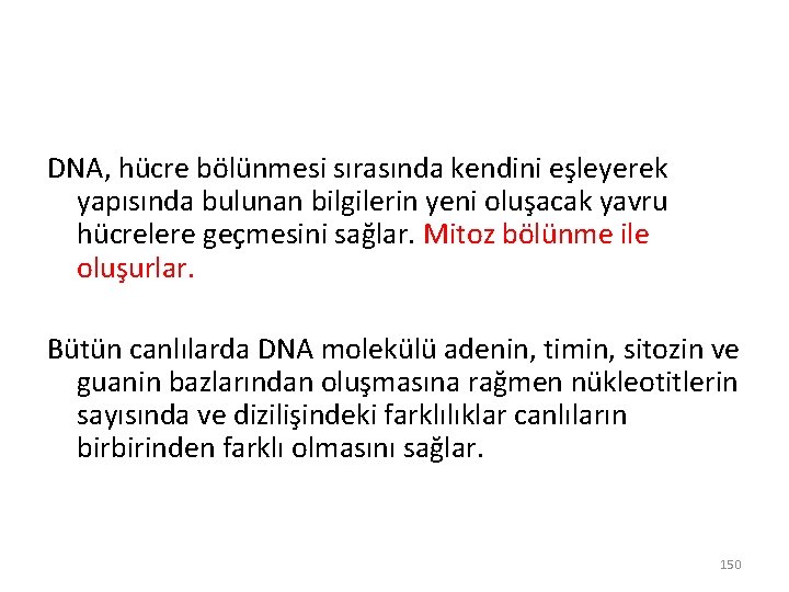 DNA, hücre bölünmesi sırasında kendini eşleyerek yapısında bulunan bilgilerin yeni oluşacak yavru hücrelere geçmesini DNA, hücre bölünmesi sırasında kendini eşleyerek yapısında bulunan bilgilerin yeni oluşacak yavru hücrelere geçmesini