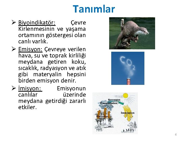 Tanımlar Ø Biyoindikatör: Çevre Kirlenmesinin ve yaşama ortamının göstergesi olan canlı varlık. Ø Emisyon: Tanımlar Ø Biyoindikatör: Çevre Kirlenmesinin ve yaşama ortamının göstergesi olan canlı varlık. Ø Emisyon: