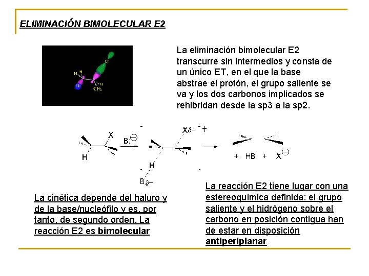 ELIMINACIÓN BIMOLECULAR E 2 La eliminación bimolecular E 2 transcurre sin intermedios y consta