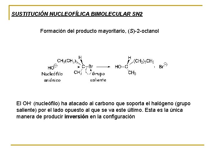 SUSTITUCIÓN NUCLEOFÍLICA BIMOLECULAR SN 2 Formación del producto mayoritario, (S)-2 -octanol El OH- (nucleófilo)