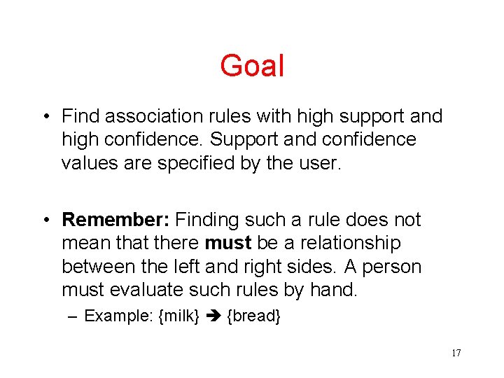 Goal • Find association rules with high support and high confidence. Support and confidence