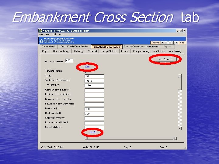 Embankment Cross Section tab 