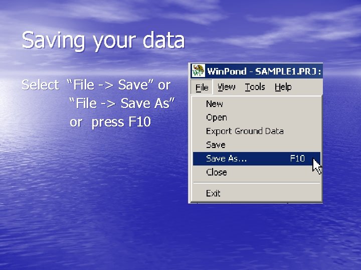 Saving your data Select “File -> Save” or “File -> Save As” or press