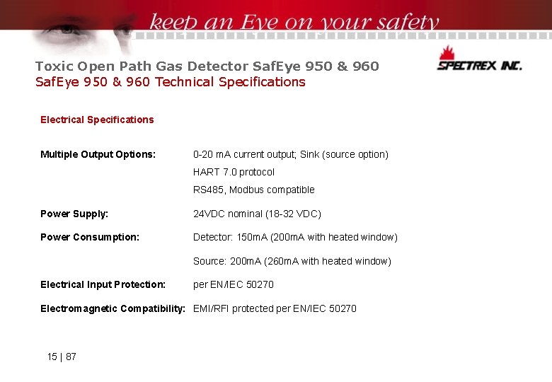 Toxic Open Path Gas Detector Saf. Eye 950 & 960 Technical Specifications Electrical Specifications