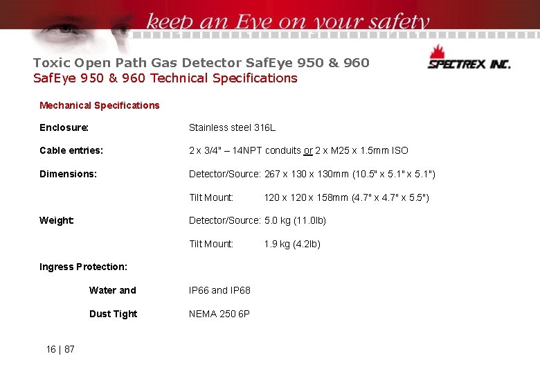 Toxic Open Path Gas Detector Saf. Eye 950 & 960 Technical Specifications Mechanical Specifications