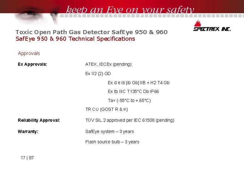 Toxic Open Path Gas Detector Saf. Eye 950 & 960 Technical Specifications Approvals Ex