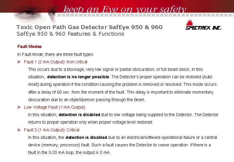 Toxic Open Path Gas Detector Saf. Eye 950 & 960 Features & Functions Fault