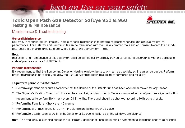 Toxic Open Path Gas Detector Saf. Eye 950 & 960 Testing & Maintenance &