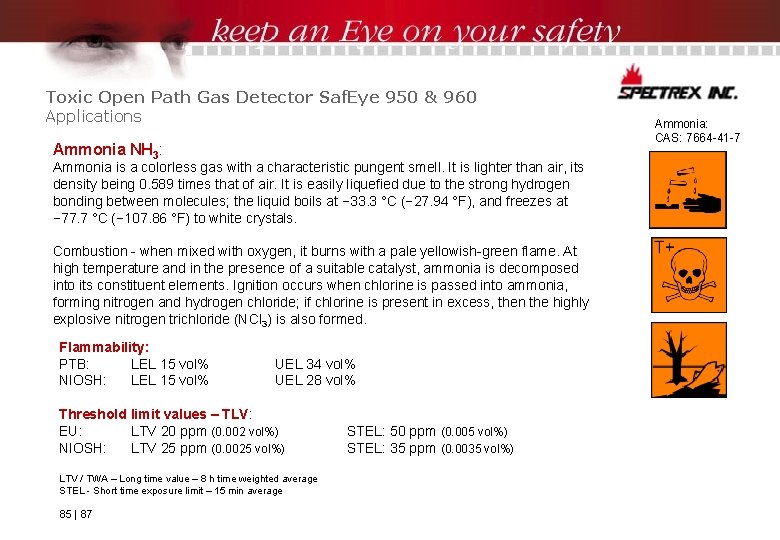 Toxic Open Path Gas Detector Saf. Eye 950 & 960 Applications Ammonia NH 3: